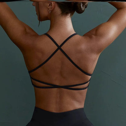 Women Cross Back Shockproof Sports Bra Sexy Gathered Gym & Yoga Top
