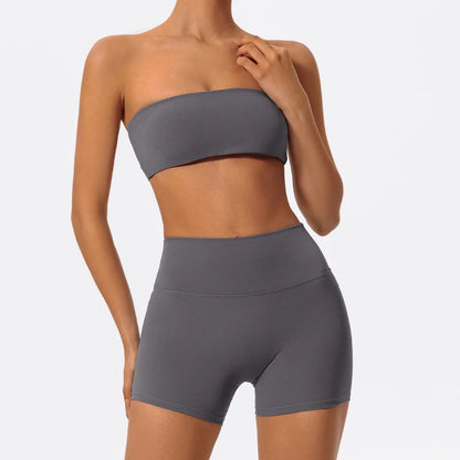 Women 2-Piece Fitness Set Strapless Sports Bra & Gym Crop Top