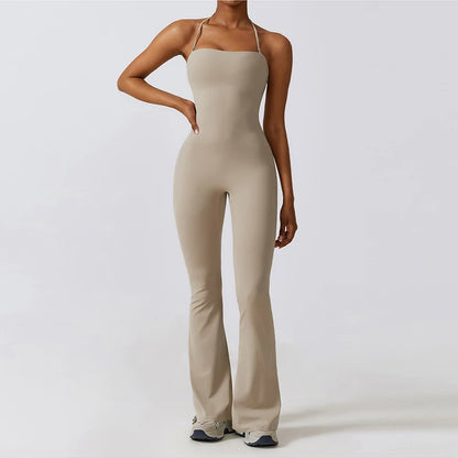 Women Sleeveless Yoga Jumpsuit Backless Flared Gym Workout Outfit
