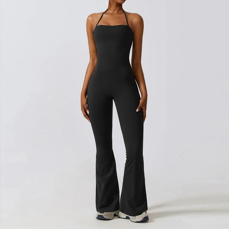 Women Sleeveless Yoga Jumpsuit Backless Flared Gym Workout Outfit