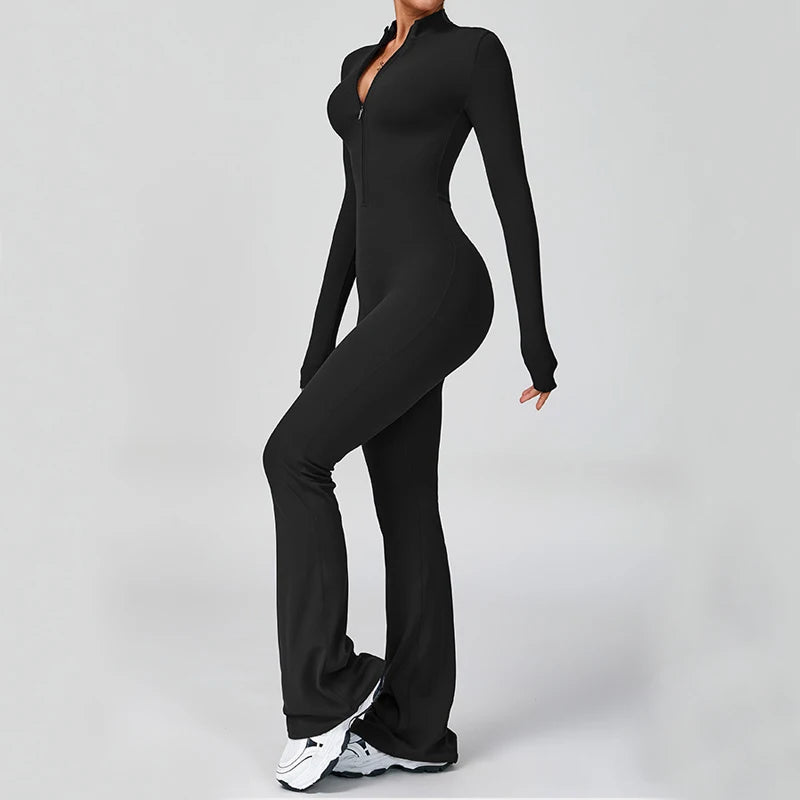Women Long Sleeve Flare Workout Jumpsuit Zip-Up Wide Leg Bodysuit