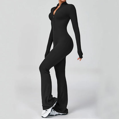 Women Long Sleeve Flare Workout Jumpsuit Zip-Up Wide Leg Bodysuit