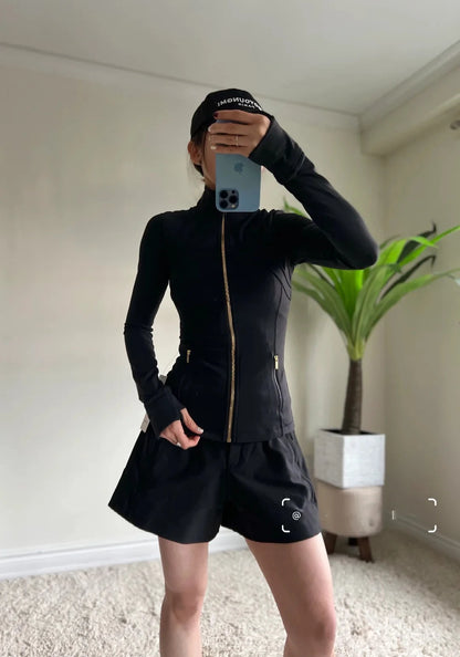 Women Slim Fit Yoga Jacket – Gold Zipper Quick-Dry Sports Jacket
