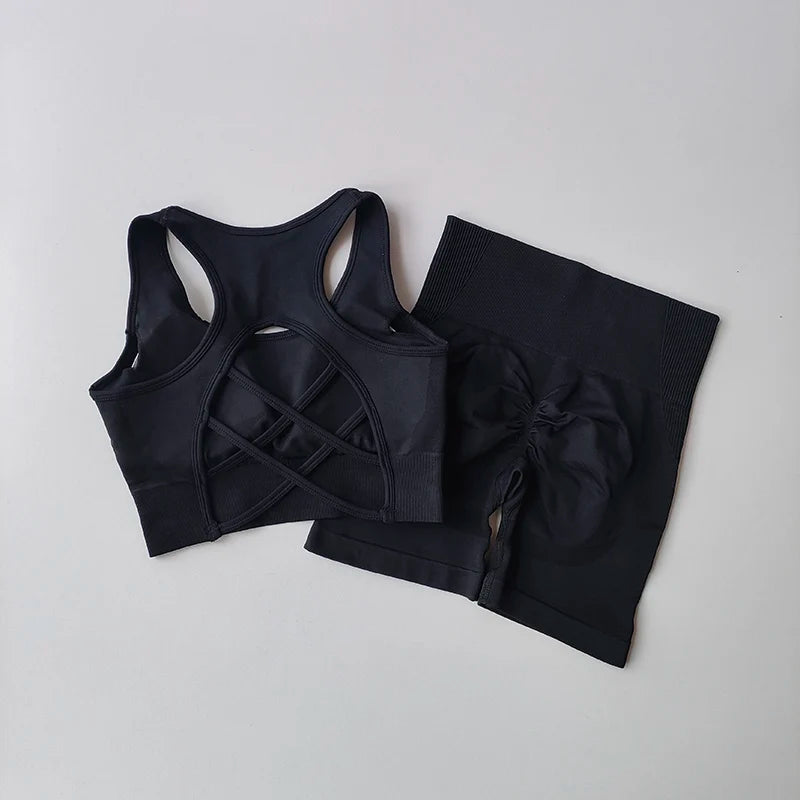 Women 2 Piece Crossback Bra High Waist Fitness Set