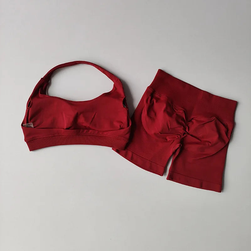 Women Seamless 2-Piece Yoga Set Halter Sports Bra & Impact Shorts