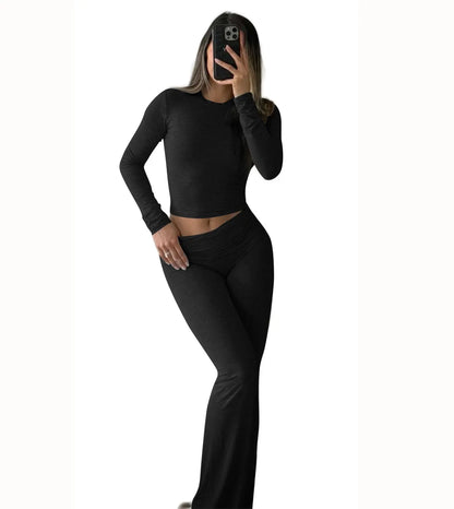 Women’s Long Sleeve Crop Top & Wide-Leg Yoga Set – Two-Piece Activewear Outfit