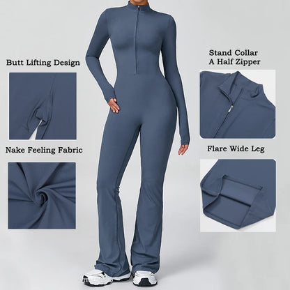 Women Long Sleeve Flare Workout Jumpsuit Zip-Up Wide Leg Bodysuit
