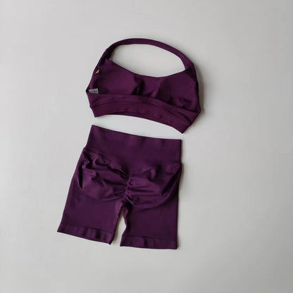 Women Seamless 2-Piece Yoga Set Halter Sports Bra & Impact Shorts