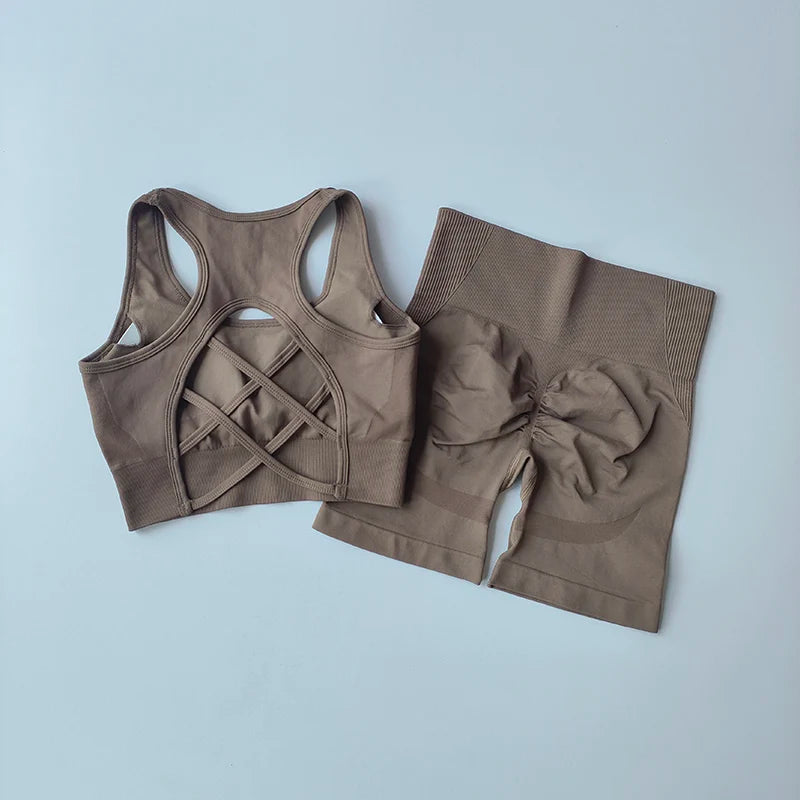Women 2 Piece Crossback Bra High Waist Fitness Set