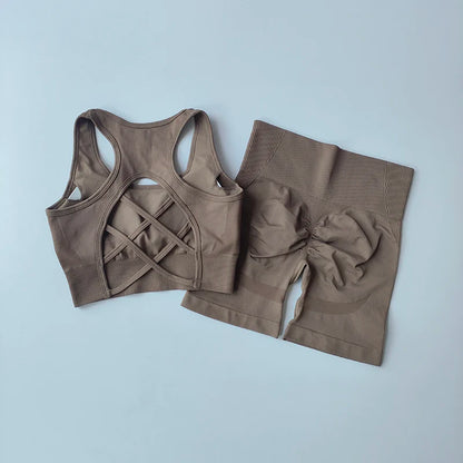 Women 2 Piece Crossback Bra High Waist Fitness Set