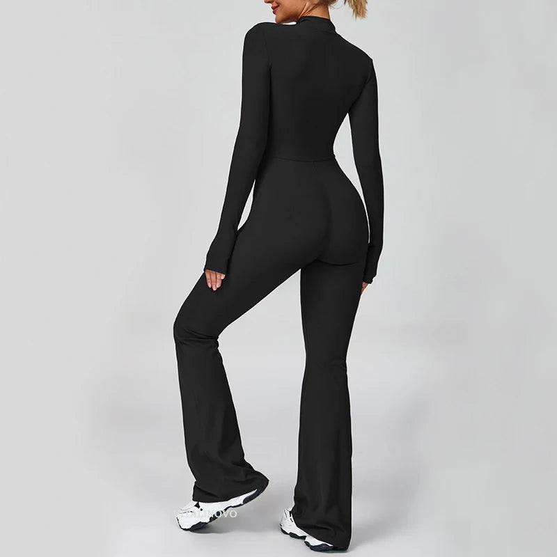 Women Long Sleeve Flare Workout Jumpsuit Zip-Up Wide Leg Bodysuit