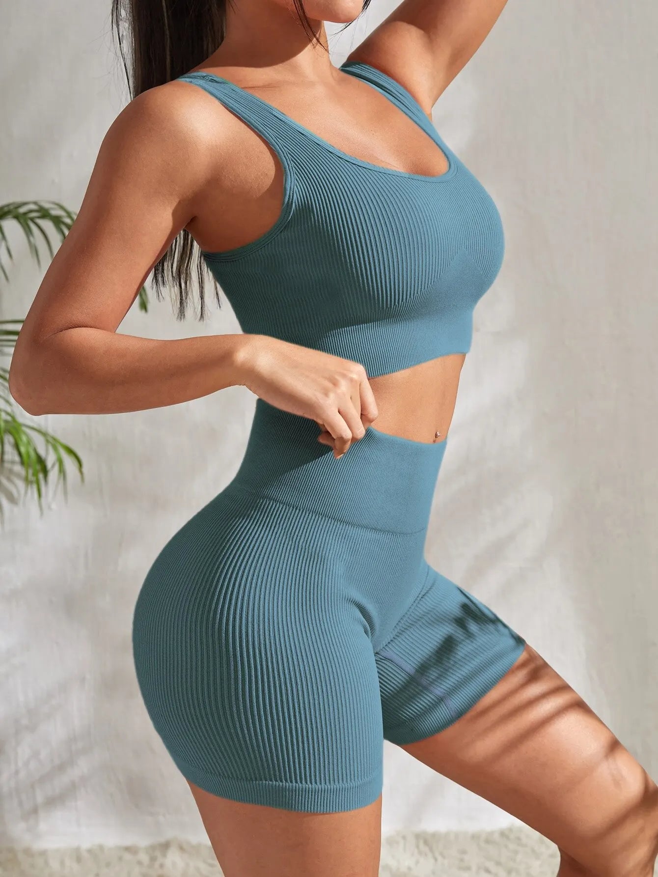 Knitted Ribbed 2 Piece Yoga Shorts Set