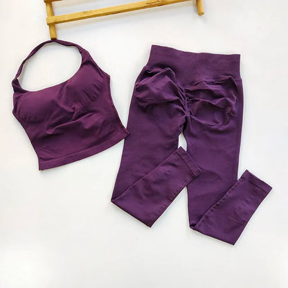 Women Seamless 2-Piece Yoga Set Strappy Sports Bra & Scrunch Leggings