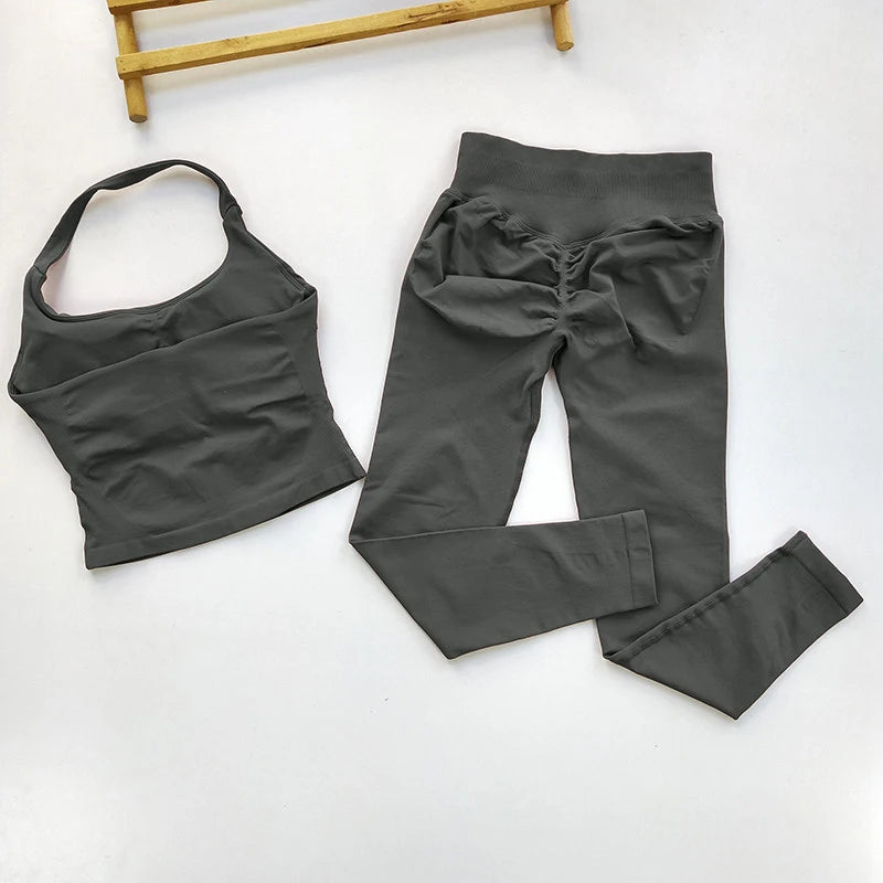 Women Seamless 2-Piece Yoga Set Strappy Sports Bra & Scrunch Leggings
