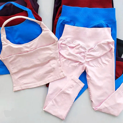 Women Seamless 2-Piece Yoga Set Strappy Sports Bra & Scrunch Leggings