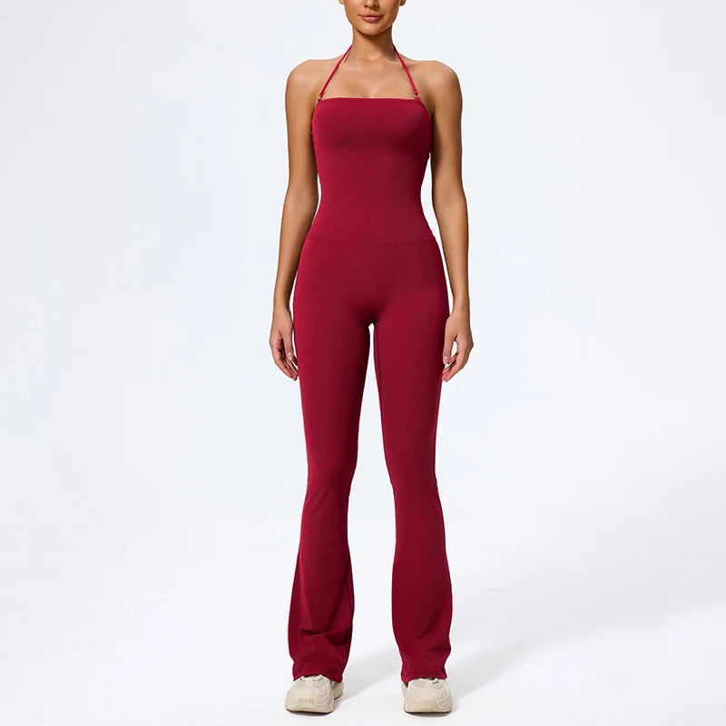 Women Sleeveless Yoga Jumpsuit Backless Flared Gym Workout Outfit