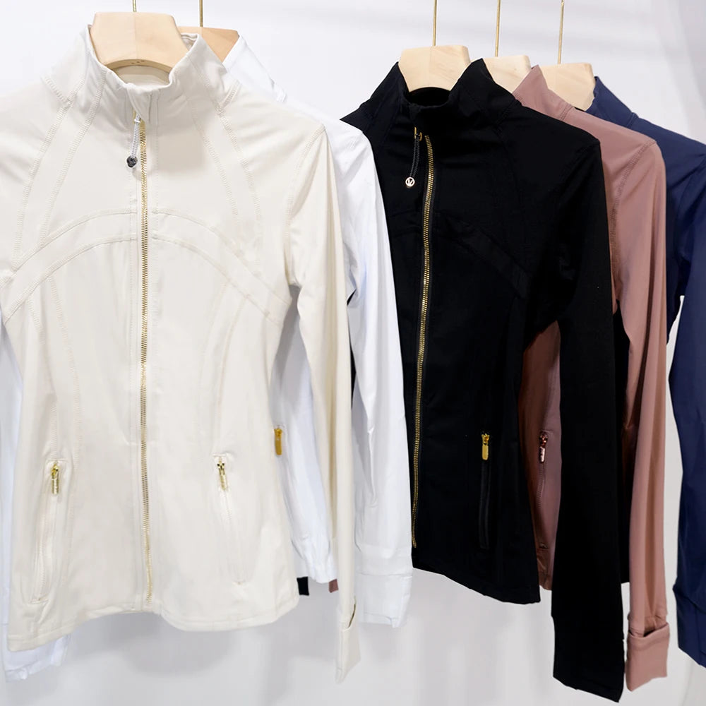 Women Slim Fit Yoga Jacket – Gold Zipper Quick-Dry Sports Jacket