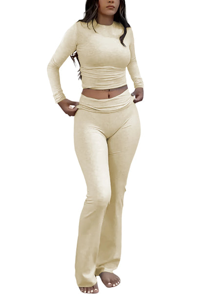 Women’s Long Sleeve Crop Top & Wide-Leg Yoga Set – Two-Piece Activewear Outfit