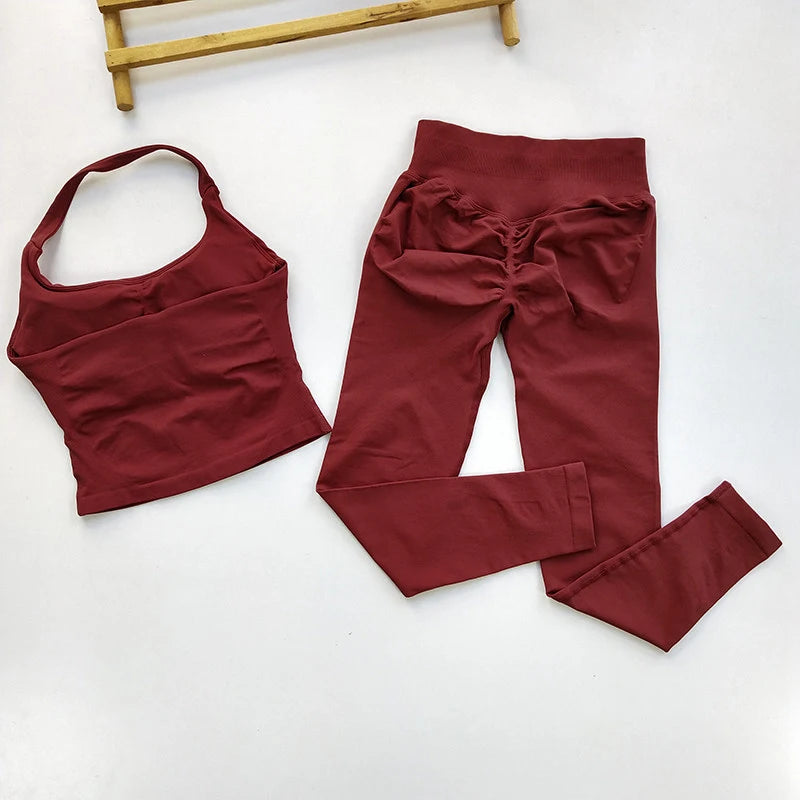 Women Seamless 2-Piece Yoga Set Strappy Sports Bra & Scrunch Leggings