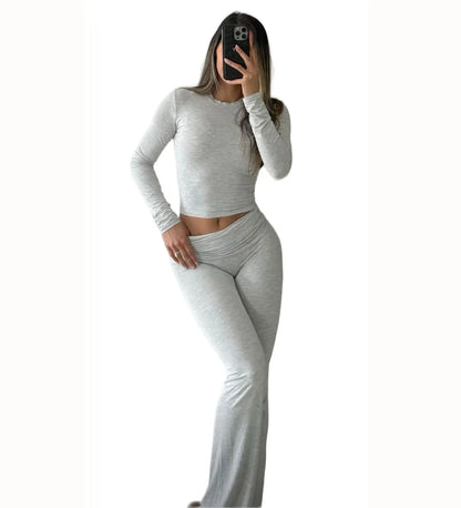 Women’s Long Sleeve Crop Top & Wide-Leg Yoga Set – Two-Piece Activewear Outfit