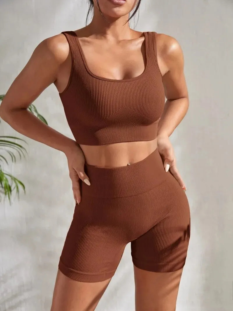 Knitted Ribbed 2 Piece Yoga Shorts Set