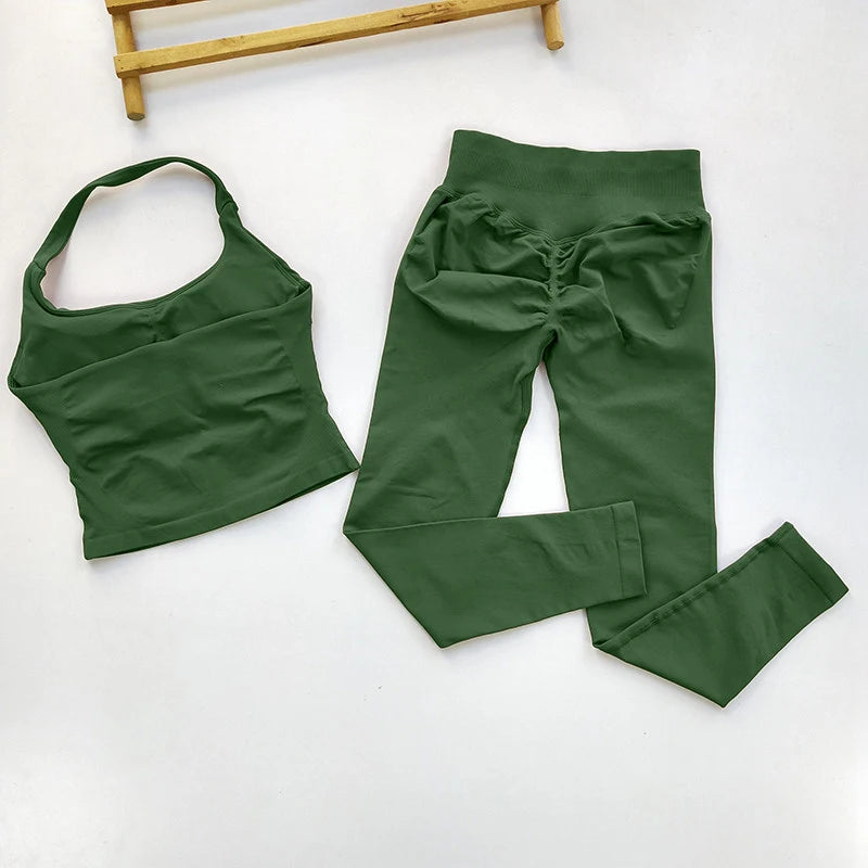 Women Seamless 2-Piece Yoga Set Strappy Sports Bra & Scrunch Leggings