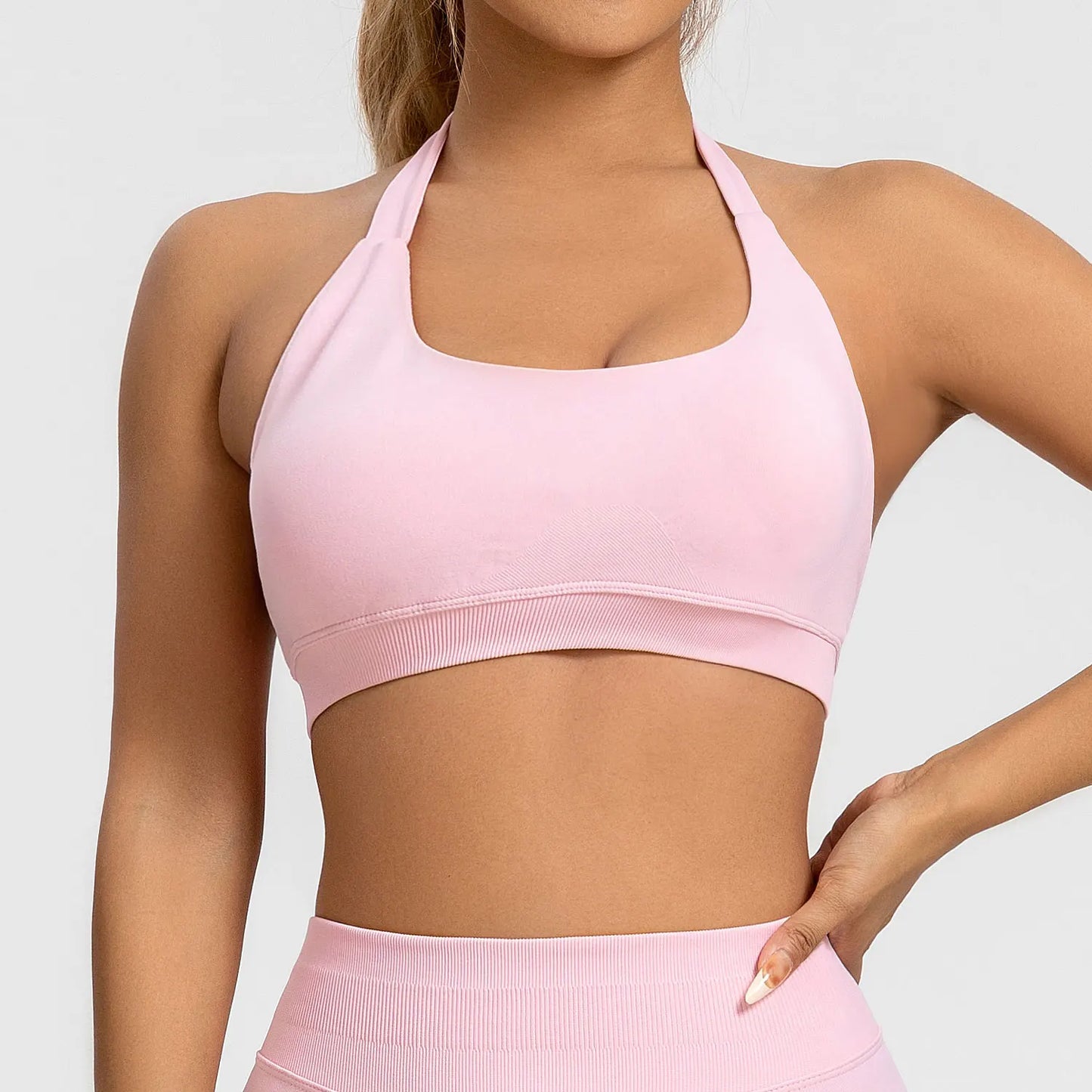 Impact Seamless Halter Sports Bra – Women High Support Open Back Gym Top