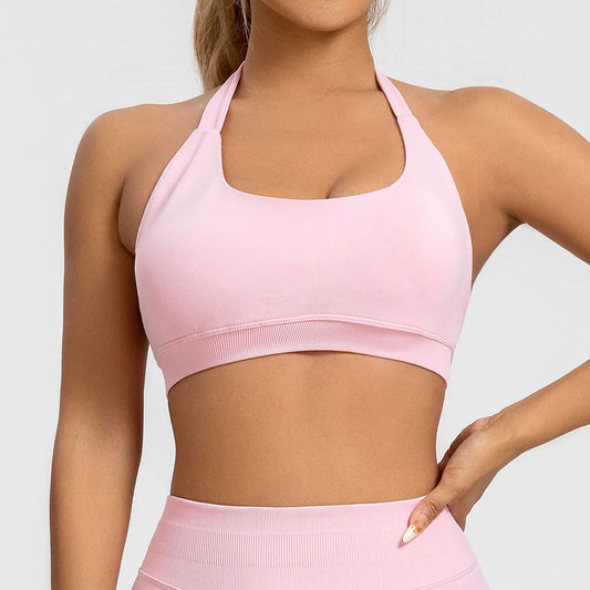 Impact Seamless Halter Sports Bra – Women High Support Open Back Gym Top